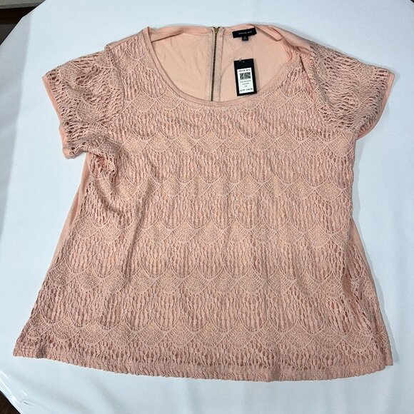 MSRP $48 Verve ami Blouse Women's Plus Sz 1X Lace Overlay Short Sleeve Peach Top - Picture 1 of 9